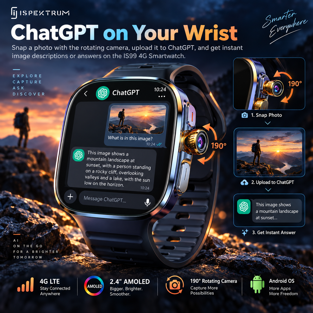 IS99 4G LTE GPS Smartwatch with Rotating Camera, ChatGPT, 2 Inch AMOLED Display & Health Monitoring