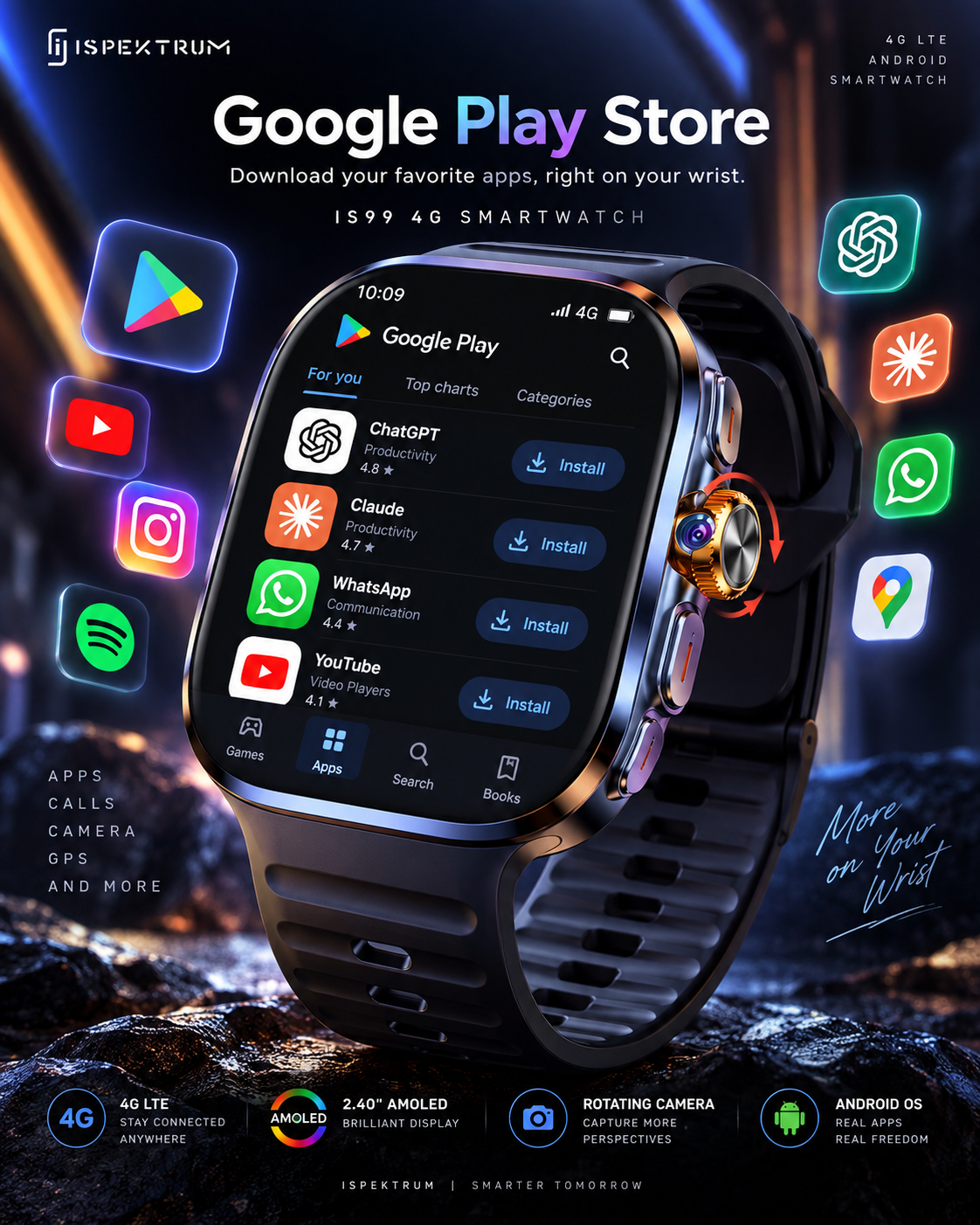 IS99 4G LTE GPS Smartwatch with Rotating Camera, ChatGPT, 2 Inch AMOLED Display & Health Monitoring