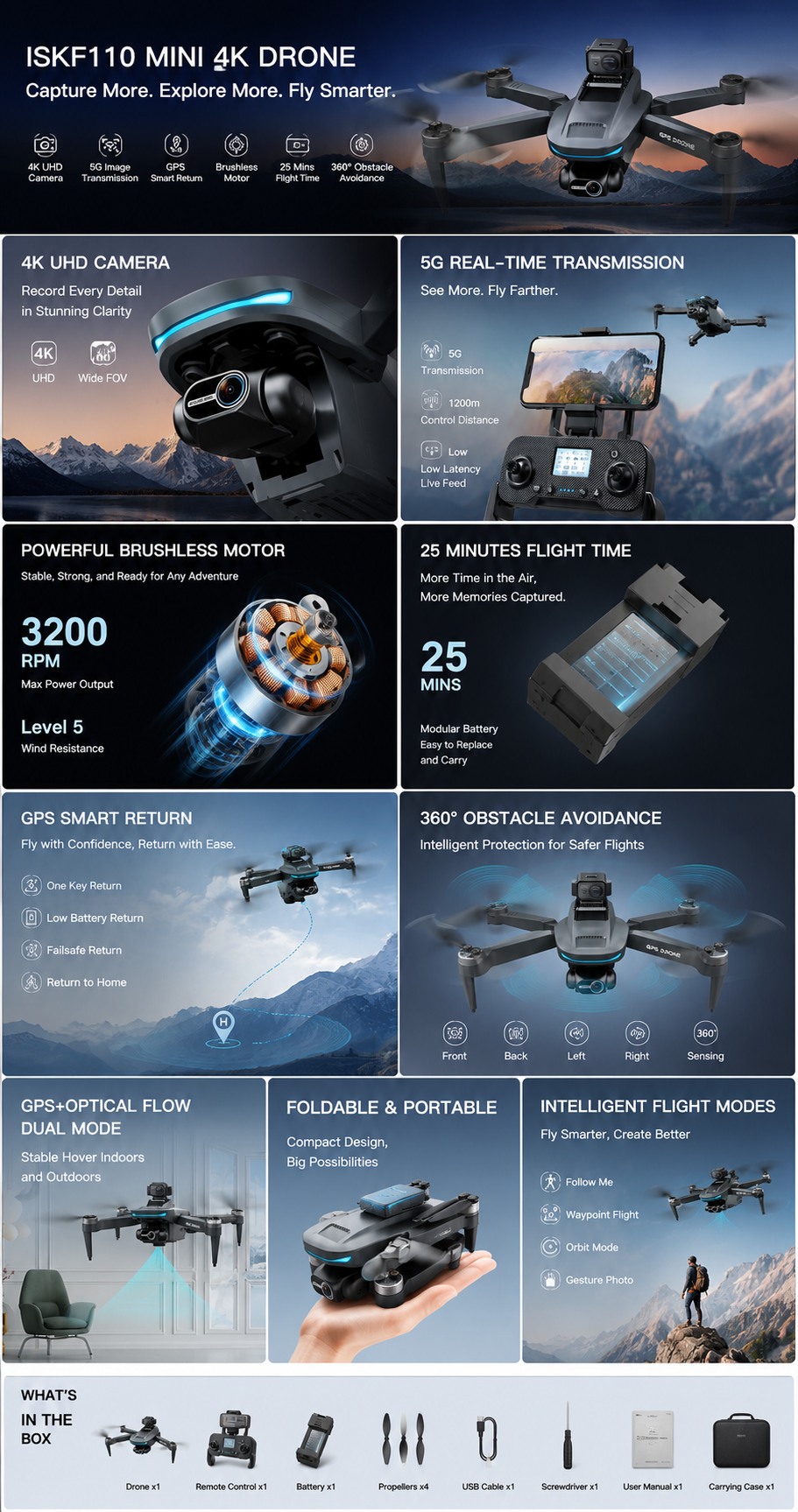 FlyBot ISKF110 4K Drone | 2-Axis Gimbal
