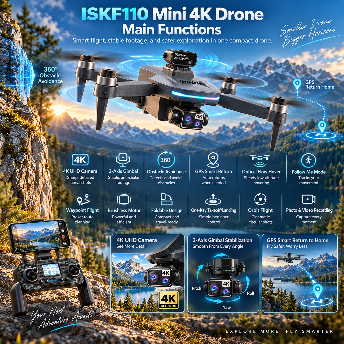 FlyBot ISKF110 4K Drone | 3-Axis Gimbal