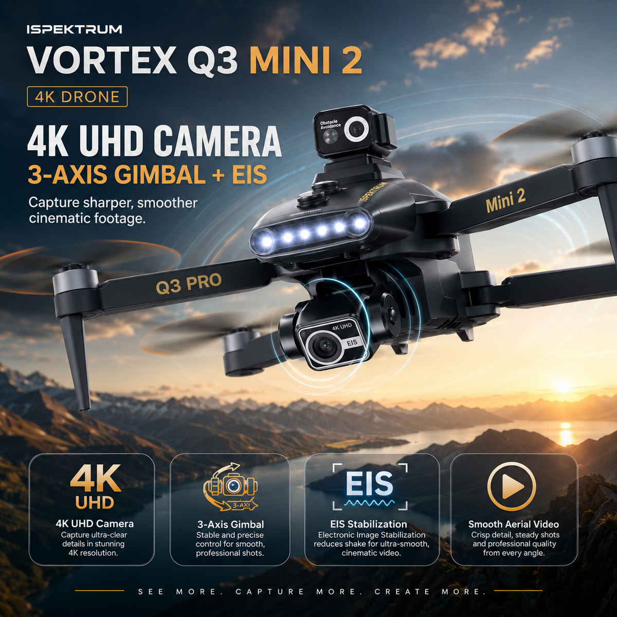 Vortex Q3 Mini 2 4K Drone | 7.8″ HD Screen, 3-Axis Gimbal & GPS