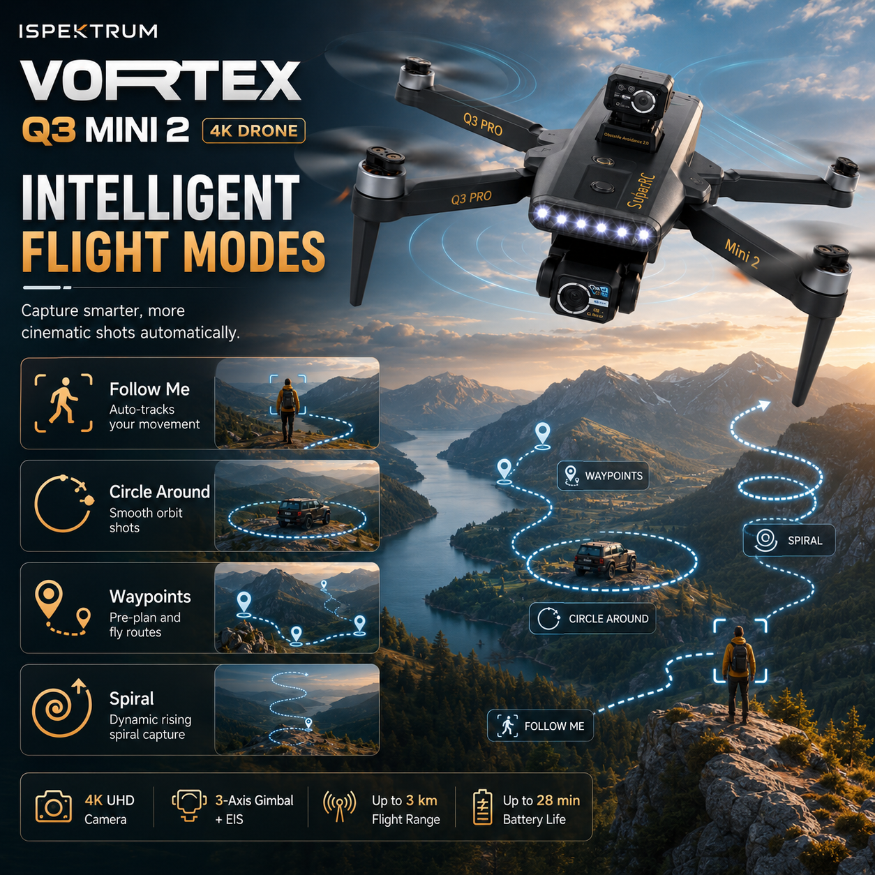 Vortex Q3 Mini 2 4K Drone | 7.8″ HD Screen, 3-Axis Gimbal & GPS