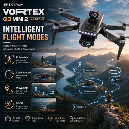Vortex Q3 Mini 2 4K Drone | 7.8″ HD Screen, 3-Axis Gimbal & GPS
