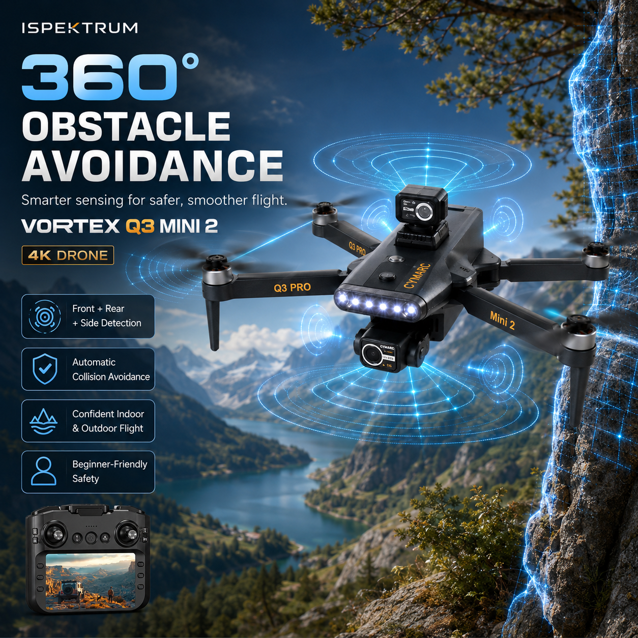 Vortex Q3 Mini 2 4K Drone | 7.8″ HD Screen, 3-Axis Gimbal & GPS