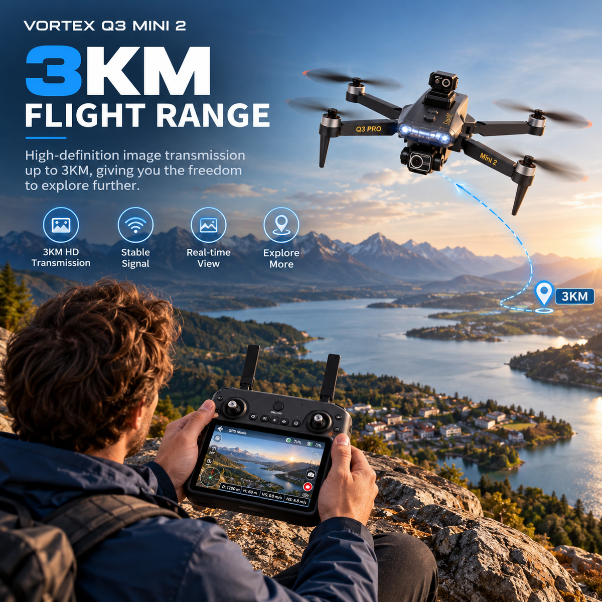 Vortex Q3 Mini 2 4K Drone | 7.8″ HD Screen, 3-Axis Gimbal & GPS