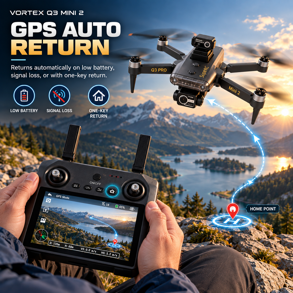 Vortex Q3 Mini 2 Drone 4K | Écran HD 7,8″, nacelle 3 axes et GPS