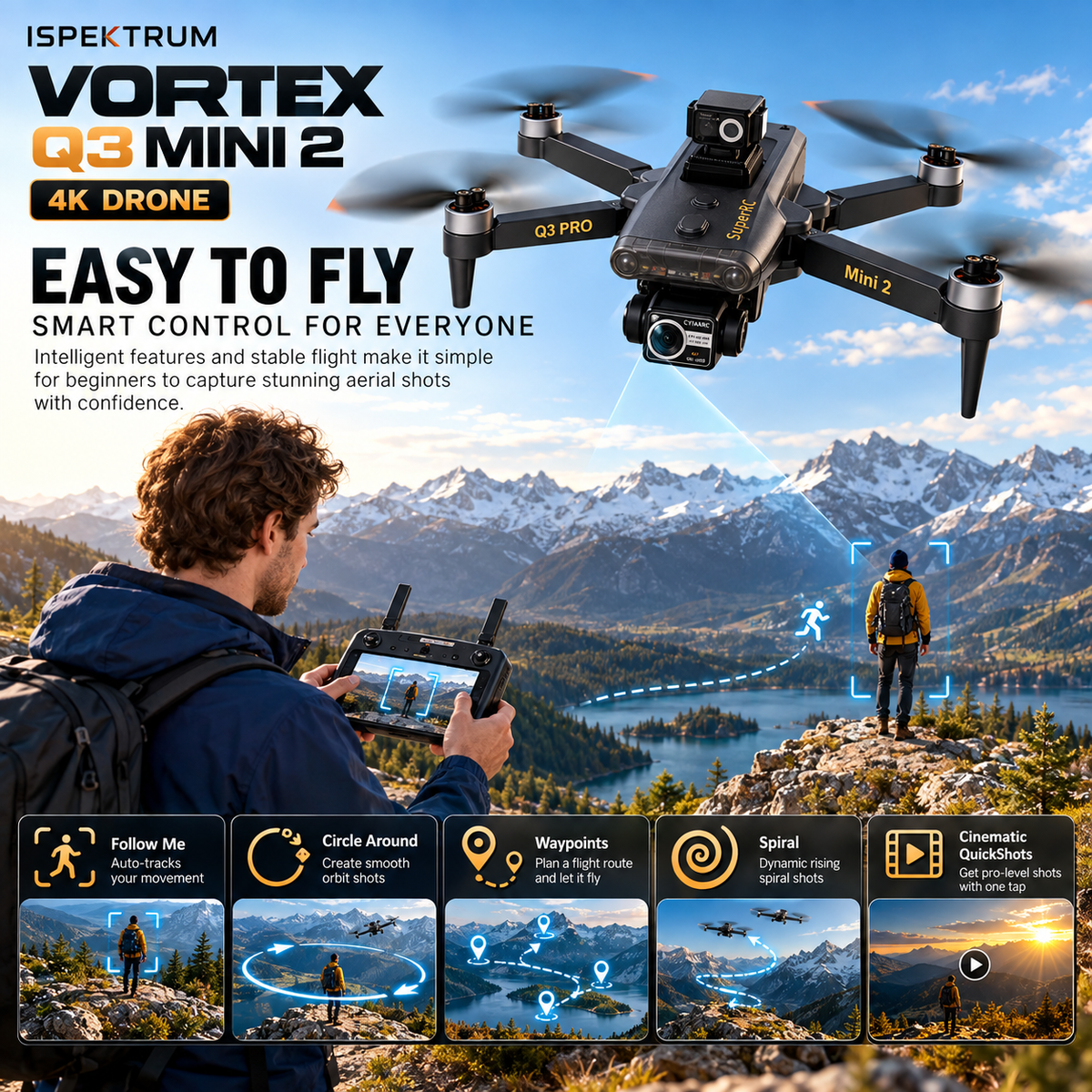 Vortex Q3 Mini 2 Drone 4K | Écran HD 7,8″, nacelle 3 axes et GPS