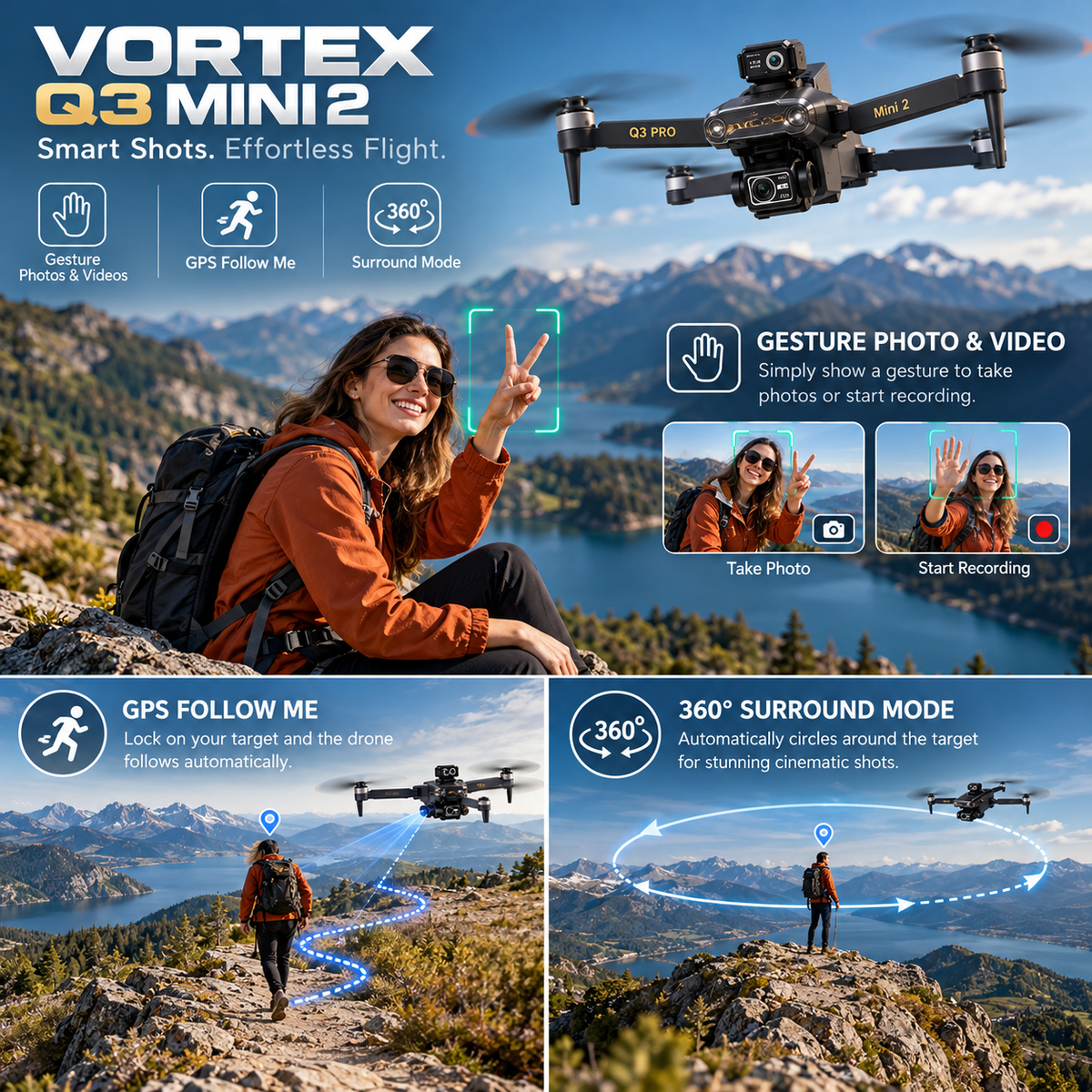 Vortex Q3 Mini 2 Drone 4K | Écran HD 7,8″, nacelle 3 axes et GPS