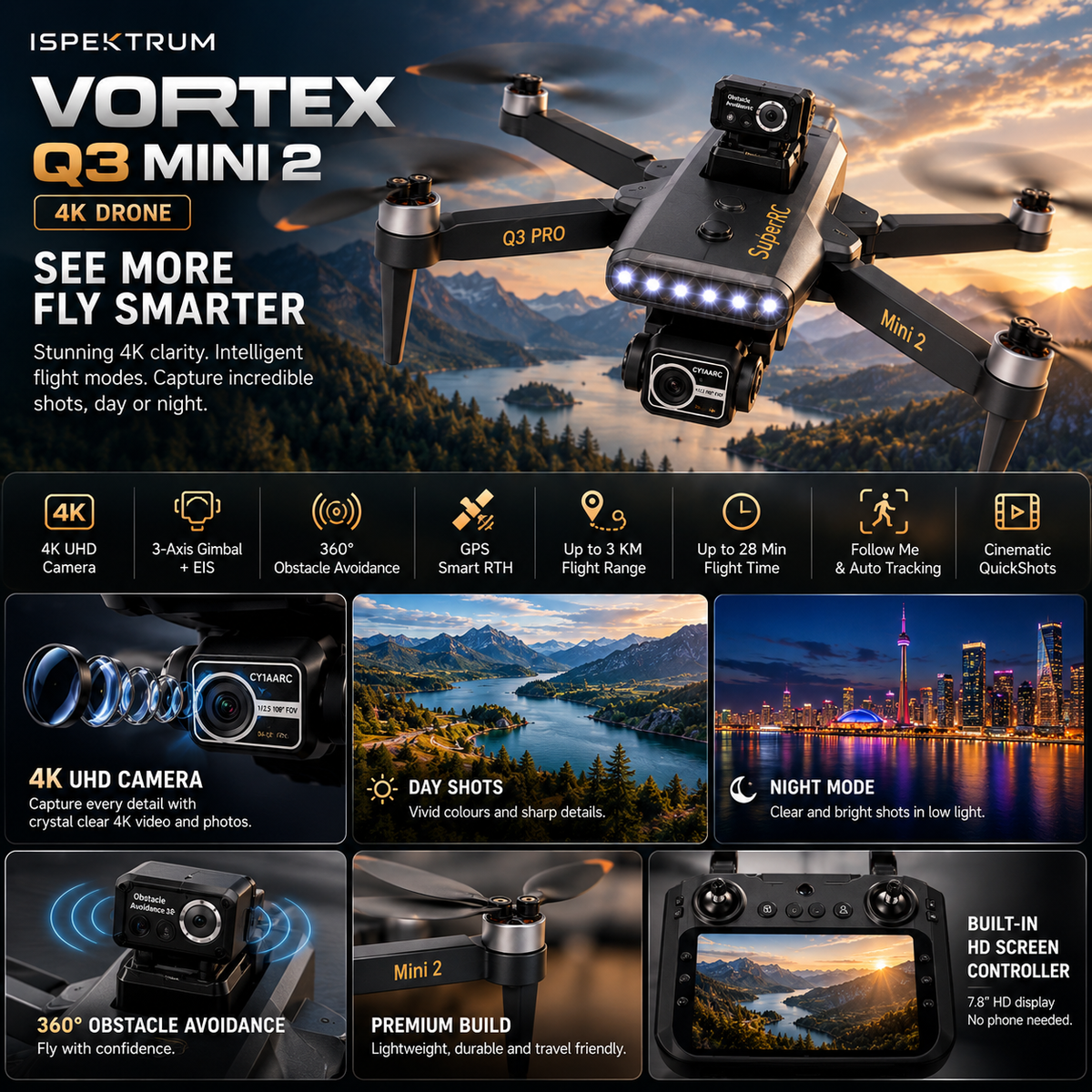 Vortex Q3 Mini 2 Drone 4K | Écran HD 7,8″, nacelle 3 axes et GPS