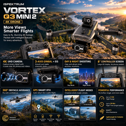 Vortex Q3 Mini 2 Drone 4K | Écran HD 7,8″, nacelle 3 axes et GPS