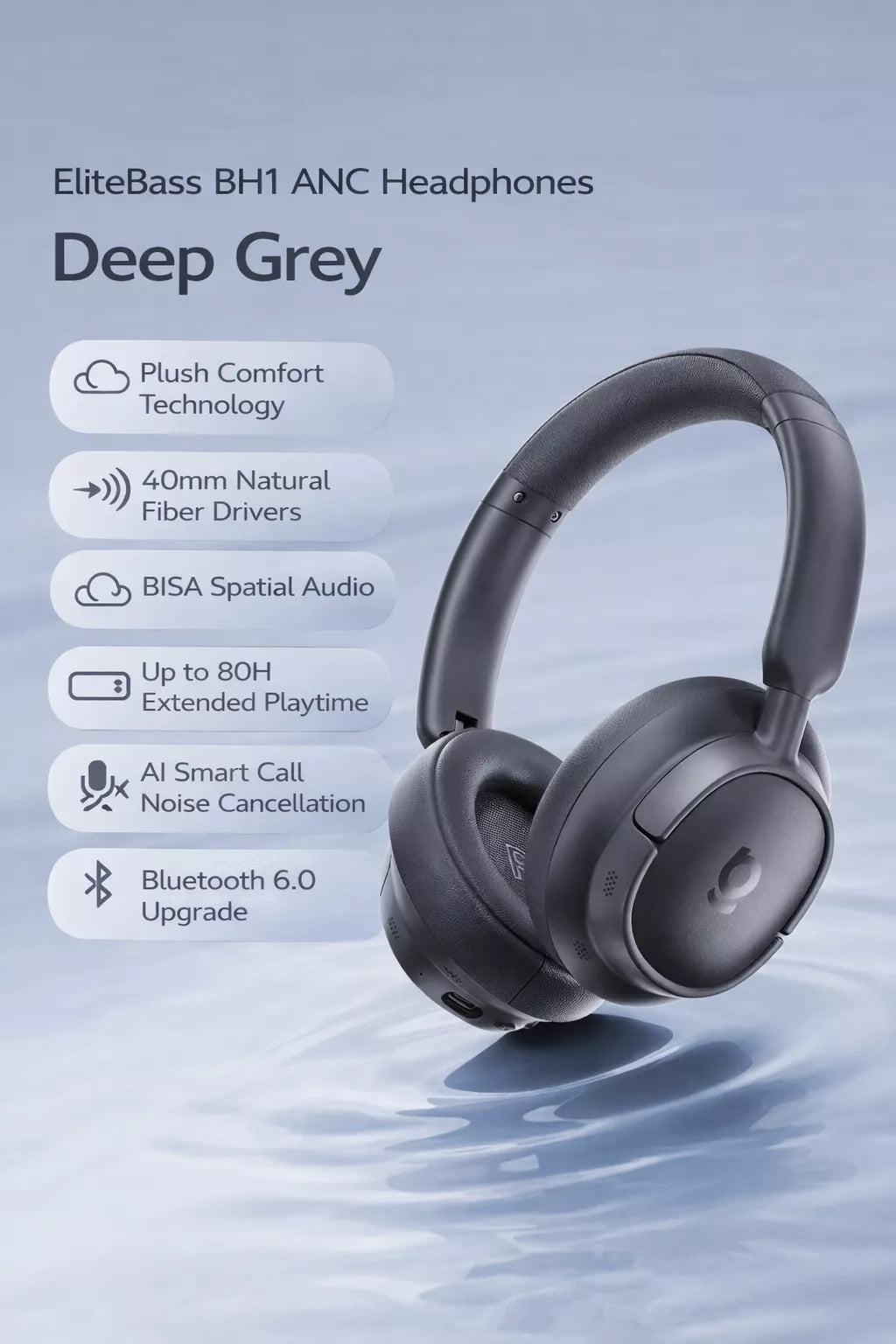 EliteBass BH1 Wireless Noise Cancelling Headphones | 80H ANC Bluetooth 6.0