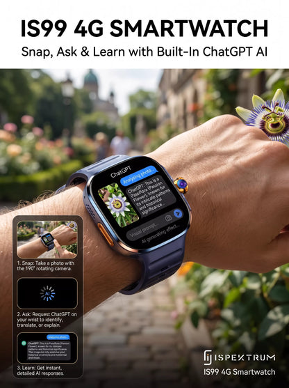 IS99 4G LTE GPS Smartwatch with Rotating Camera, ChatGPT, 2 Inch AMOLED Display & Health Monitoring